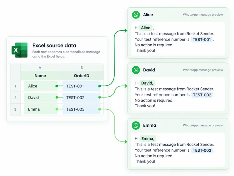 Excel Name and OrderID fields producing personalized WhatsApp messages