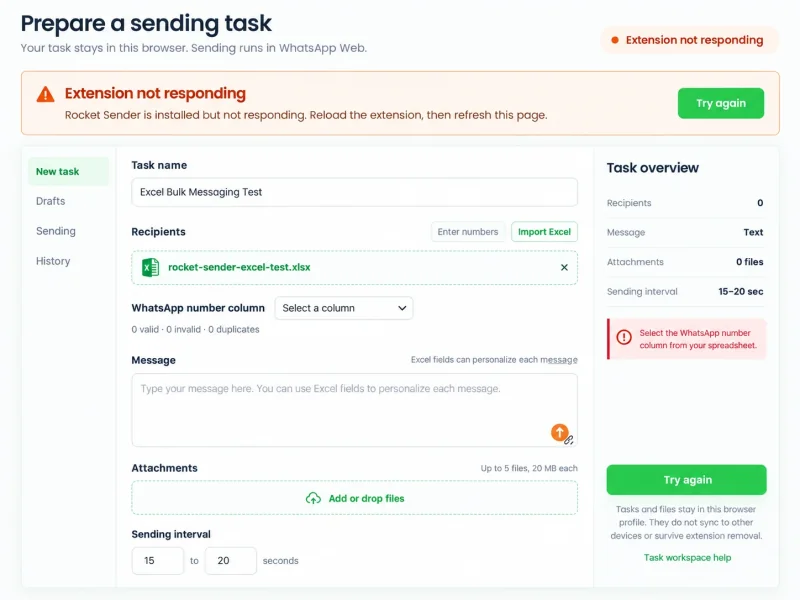 Rocket Sender workspace showing missing phone column selection and extension connection warning